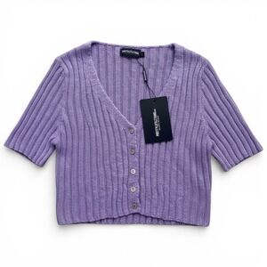 PrettyLittleThing Women's L Lilac Ribbed V-Neck Short Sleeve Skinny Fit Cardigan